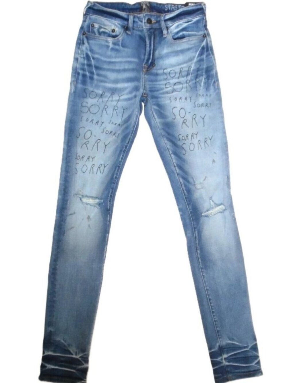 New PRPS WINDSOR Tapered Skinny Fit Stretch Jeans Sorry Graffiti Writing 30 x 33